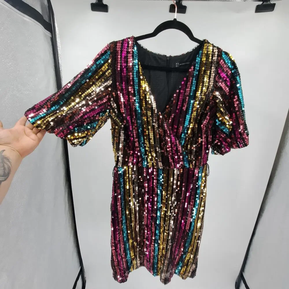 NWT New York & Company Dress S Full Sequin Surplice Flutter Sleeve Party Rainbow